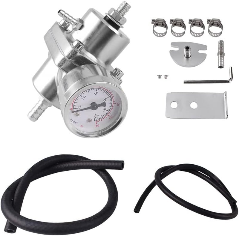 BARTOO Universal Adjustable Fuel Pressure Regulator Kit, Aluminum Fuel Regulator,Adjustable Gas Oil Injection Pressure Regulator with 0-140 PSI Gauge -Silver - Image 1